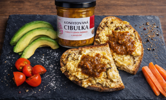 Topinka s míchanými vejci, shiitake a konfitovanou cibulkou